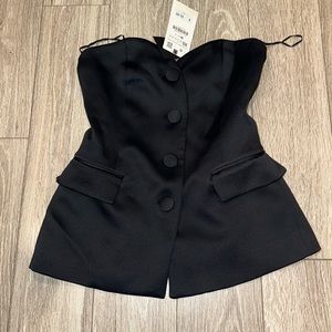 NWT! Beautiful Zara strapless tuxedo style button down silk top, size XS